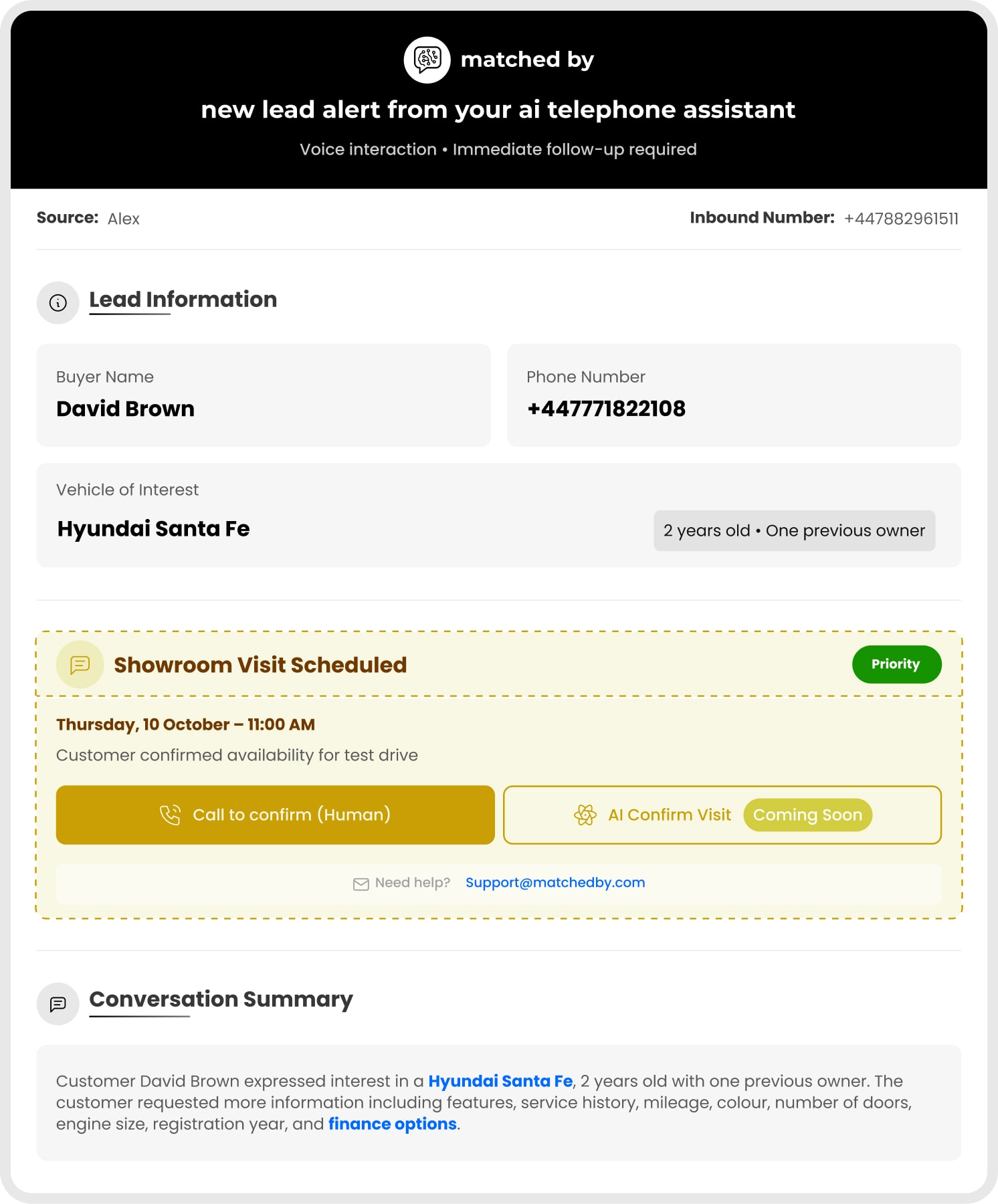 Lead notification example showing customer intent analysis and showroom visit scheduling